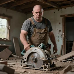 grumpy chunky bald handyman, circular saw hands, in a dusty wrecked home, full body, hyperrealistic digital art masterpiece, highly detailed neo pop surrealism, jason limon kay sage hannah yata, dramatic lighting, low angle, uhd 8 k, sharp focus