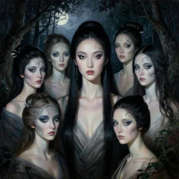 wuxia, forest, moonlight, gemma chen, madison beer, angela sarafyan, pinup, intricate beautiful faces, surrealistic painting by agostino arrivabene, vanessa beecroft, anka zhuravleva, mary jane ansell, peter mohbacher, gerald brom