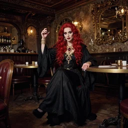 lomography, full body portrait photo of women like reol from a distance as a warlock wearing ornate gems and black robe sitting in a victorian cafe interior, moody, realistic, dynamic perspective pose, skin tinted a warm tone, hdr, rounded eyes, detailed facial features, red black gold