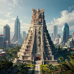 a photo of cyberpunk city of tikal in guatemala with futuristic architecture and futuristic mayan aesthetic