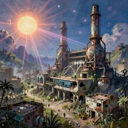 a beautiful very detailed painting of industrial architecture urbex town building abandoned by santiago calatrava, extraterrestial magic realism bladerunner 2 0 4 9 crystal morning sun laser infrared at night cgsociety retrowave junglepunk, archdaily, wallpaper, highly detailed, trending on artstation.