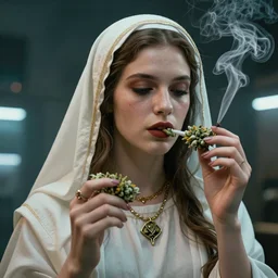 hyperrealistic virgin Mary smoking weed, photorealistic cinematic render, octane render, cyberpunk atmosphere