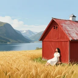 a fjord with a lone gable roof red barn next to a wheat crop. subject : a young woman with long black hair wearing a white dress. action : the woman is resting in the shade! of the red barn. style : cgi. composition : smooth, dreamlike, illustration, elegant, wide angle. artists : eddie mendoza, ( anato finnstark ), and ( randy vargas ).