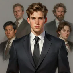 character concept portrait, willy lowman, young adult, salesman in a suit, style digital painting, concept art, smooth, sharp focus, illustration, from metal gear, by ruan jia and mandy jurgens and william - adolphe bouguereau, artgerm