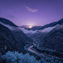 Panoramic photo where the mountains are towering over the valley below their peaks shrouded in mist. The moon is just peeking over the horizon and the purple sky is covered with stars and clouds. The river is winding its way through the valley and the trees are light blue.