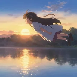 Twilight Sparkle flying over a lake, golden hour, mist, reflections, highly detailed, landscape painting by Makoto Shinkai