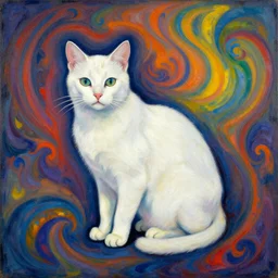 white cat by franz marc, in the style of amanda sage, background vibrant, coloured, mystical swirls,