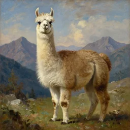 detailed baroque portrait of a llama with dreadlocks, realistic creature concept, heroic pose, mountain in background, Ilya Repin oil painting, 4k, artstation