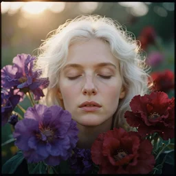 A head and shoulder frontal face portrait of beautiful woman surrounded by big purple and red flowers by Rembrandt. White hair. Closed eyes. Golden hour. Kodak Color Plus 400 film. extremely detailed hyperrealist. Rembrandt light style. swirly bokeh. warm light. muted colors. lens flare. photoreal. Medium format photography. Leica M9.