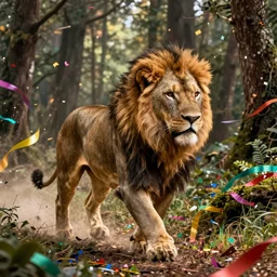 pride of lions running through the forest, surrounded by colorful ribbons and party confetti , concept art, huge scale, high detail, sci fi by James Jean