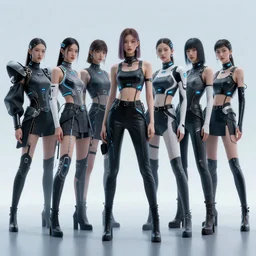 composition of six tall women futuristic fashion cyberpunk macro
