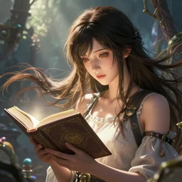 highly detailed portrait of beautiful girl with anime features reading a book, detailed hands, dynamic pose, stephen bliss, unreal engine, fantasy art by greg rutkowski, loish, rhads, ferdinand knab, makoto shinkai and lois van baarle, ilya kuvshinov, rossdraws, tom bagshaw, global illumination, radiant light, detailed and intricate environment