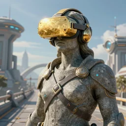 a hyper real comic book style portait painting of a stone statue with a golden vr headset of the distant future on it, on a future bridge, unreal 5, hyperrealistic, octane render, cosplay, rpg portrait, dynamic lighting