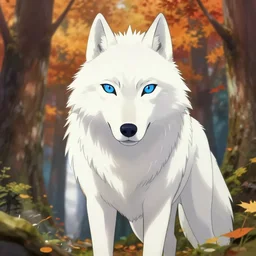 digital illustration white wolf with blue eyes, in the autumn forest, anime, 8 к by miazaki, by leiji matsumoto