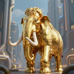golden mammoth in a very advance city, stylized, artgerm, artstation, hd, cgsociety, cgi, realistic, dramatic, cinematic, artistic, trending, detailed