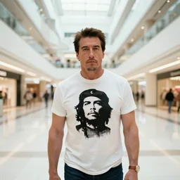 wide shot of john travolta wearing a tshirt with che guevara lost in liminal space of an endless mall by tadao ando
