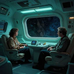 Cozy interior of a spaceship, teal lighting, cozy lighting, space seen outside from a window, by Syd Mead, John Harris, Federico Pelat