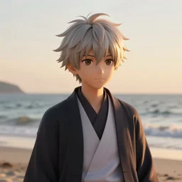 concept art of a 3d Ryougi Shiki, full round face, golden hour, serene beach setting, medium shot, mid-shot, highly detailed, trending on Artstation, Unreal Engine 4k