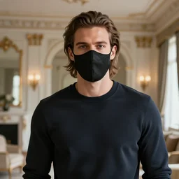 professional digital art of a young adult man with slightly long hair wearing a black face mask and a form-fitting dark sweatshirt, high quality, HD, 8K, highly detailed, award-winning, fancy apartment