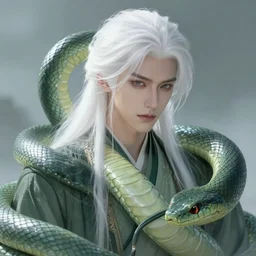 a fantasy character with white hair. he looks like a snake.