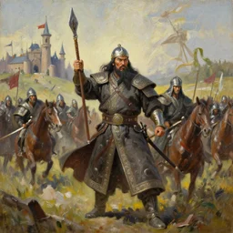 genghis khan and his mongol horde ransacking modern day efteling, oil on canvas