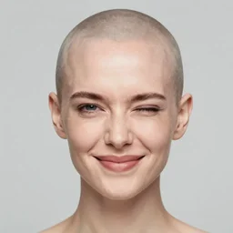 highly detailed photo portrait of a bald woman winking with the rear of her skull missing and caved in to the middle