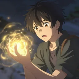 anime character looking at his hand, He just discovered magic and look scared and confused, His hand has magic, Digital art,