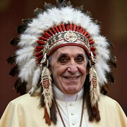 photorealistic pope francis with creepy smile wearing a native american headdress