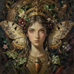 breathtaking detailed concept art painting of the goddess of moth, orthodox saint, with anxious, piercing eyes, ornate background, amalgamation of leaves and flowers, by Hsiao-Ron Cheng, James jean, Miho Hirano, Hayao Miyazaki, extremely moody lighting, 8K