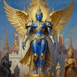 a dmt blue and golden angel buddha entity mecha, thai architecture, tim hildebrandt, wayne barlowe, bruce pennington, donato giancola, trending on artstation, cinematic composition, beautiful lighting, hyper detailed, 8 k, oil on canvas