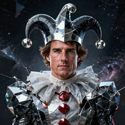 front shot photo of a court jester tom cruise fine portrait fine portrait mesmerizing fractal hyper cubes platinum cracked dark future hyper dimensional space galactic crystal nebula edges elegant detailed intricate concept artstation sharp focus ray tracing cinematic masterpiece temporal corruption beeple wlop germ 8 4 k scifi glossy hyper realistic illustration ( ( octane render nvidia ) )