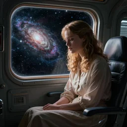 pretty woman, sitting sad alone in a futuristic science fiction spaceship, gazing at view of galaxy in space through a window, by jim burns, peter andrew jones, michael hutter, sharp digital painting. dreaming latent space. matte painting, concept art. artstation. digital render.