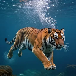 photo of a tiger diving underwater, 4 k, professional, detailed, bubbles