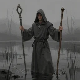 hooded robed man standing in grey swamp, arms raised holding staff, trending on artstation, digital art ( by tomasz jedruszek ) ( by senfeng chen ) ( by lorenzo lanfranconi )