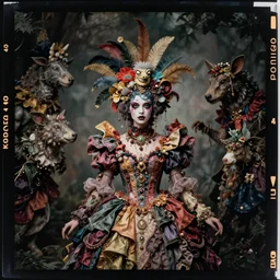 kodak portra 4 0 0, wetplate, photo of a surreal artsy dream scene, girl, beautiful face, weird fashion, grotesque, extravagant dress, carneval, animal, wtf, photographed by paolo roversi style