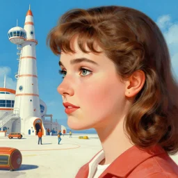 closeup profile portrait of a 1 9 5 0 s spaceport, nicoletta ceccoli, mark ryden, lostfish, max fleischer, hyper realistic, artstation, illustration, digital paint, matte paint, vivid colors, bright, cheerful, detailed and intricate environment