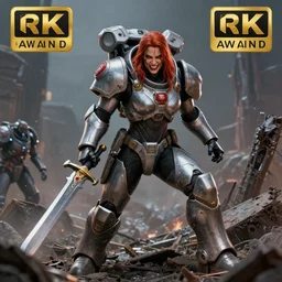photo of a stunning woman space marine, brandishing chain sword, grimmacing, knee deep in destroyed tyrranid, highly detailed, 4 k, hdr, smooth, sharp focus, high resolution, comic! book!, award - winning photo