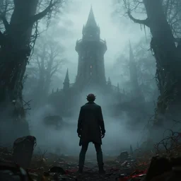 devil, scary, magical area, foggy area, by jesper ejsing, by rhads, sharp focus, man standing, tower
