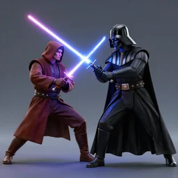 picture of Darth Revan fighting obi Wan using lightsaber, blender render