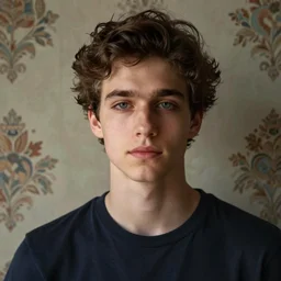 young man, background with wallpaper, art by irina ionesco