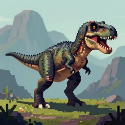 an isometric pixel art of chronic dinosaur t - rex, mountain background, ultrasharp, detailed, cinematic, art by ayami kojima, beksinski, giger