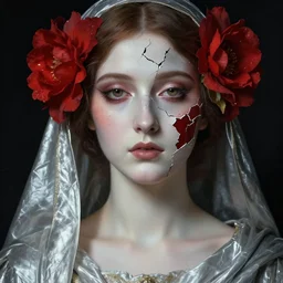 hyperrealism close - up mythological portrait of a exquisite medieval woman's shattered face partially made of crimson flowers in style of art deco, wearing silver silk robe, dark palette