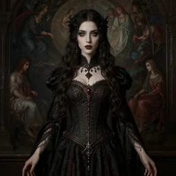full length portrait woman of timeless beauty with breathtaking eyes dressed in gothic attire, intricate, elegant, DSLR 8K, biblical art, realism, incomprehensible detail, final fantasy & silent hill aesthetic, photorealistic, lifelike, created by Razaras on deviantart