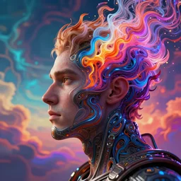 sideways portrait of man's head vaporizing, trippy colorful vivid sky, andrew chiampo, artstation, frederik heyman, extremely detailed, stunning volumetric lighting, fantasy, hyperrealism, 3 d render, octane render, unreal engine, fantasy, intricate detail, 4 k, futuristic, sharp focus, smooth