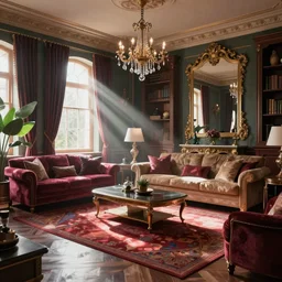 8 k dslr photo render of a elaborate living room, beautiful furnishings, dramatic lighting, volumetric lighting, deep colors, reflections, shadows, sunbeams, atmosphere, vibe, raytracing, very detailed
