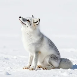 white background, snow blanket, arctic fox sitting down, side view, fully body, fox looking up, fox enjoying the sun, matte painting