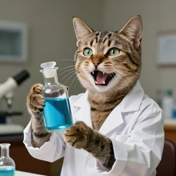 an aristocratic cat chartreux dressed as a scientist holds a modern transparent little bottle filled with vivid blue iridescent liquid, the cat is very very happy and excited, art highly detailed, by frank frazetta, keith parkinson and greg rutkowski and aleksandra skiba, concept art,