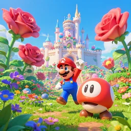 mario stomping a goomba in the mushroom kingdom near the castle, exotic flora, giant roses, thousands of flowers, fantasy artwork, very very very beautiful scenery, hd, hdr, ue 5, ue 6, unreal engine 5, cinematic 4 k wallpaper, 8 k, ultra detailed, high resolution, artstation, award winning