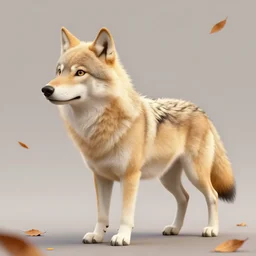 professional stylized full - body digital art of a side profile of a cream tibetan wolf, tan and light brown accents, fluffy, falling leaves, hd, 8 k, highly detailed, high quality, cute