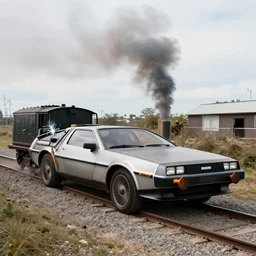 A freight train in the style of a DeLorean
